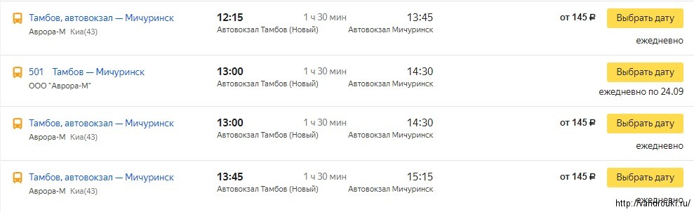 Расписание автобусов на мичуринск сегодня